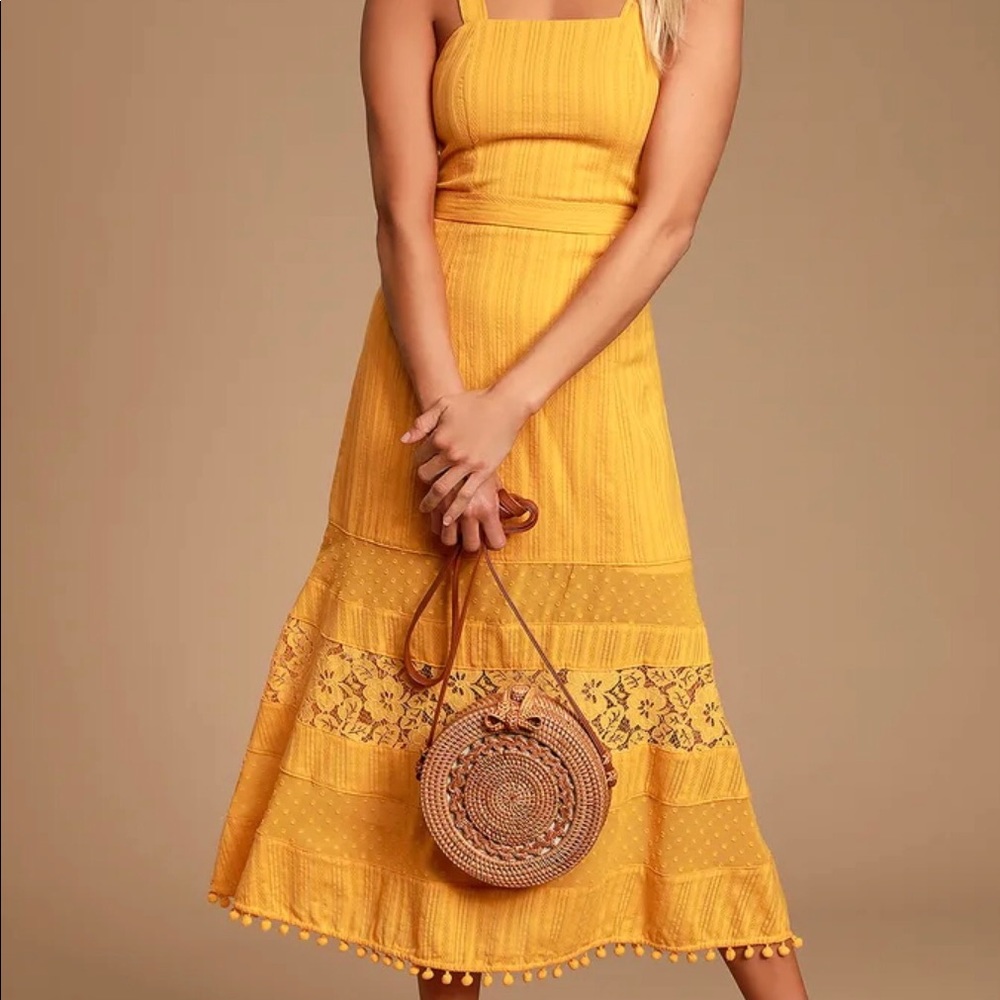 Lulus Hot Pursuit Mustard Yellow Lace Midi Dress